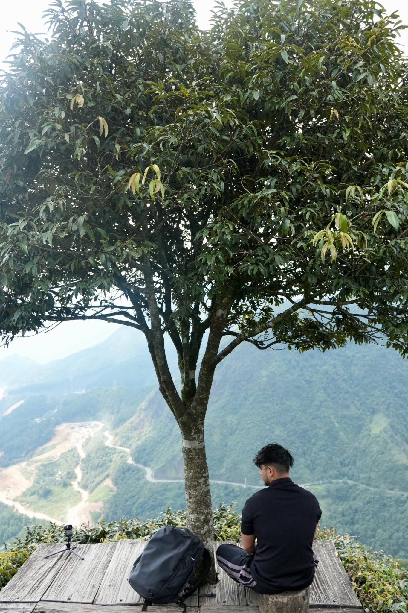 A quiet pause under a tree, with a black backpack beside a mountain lookout