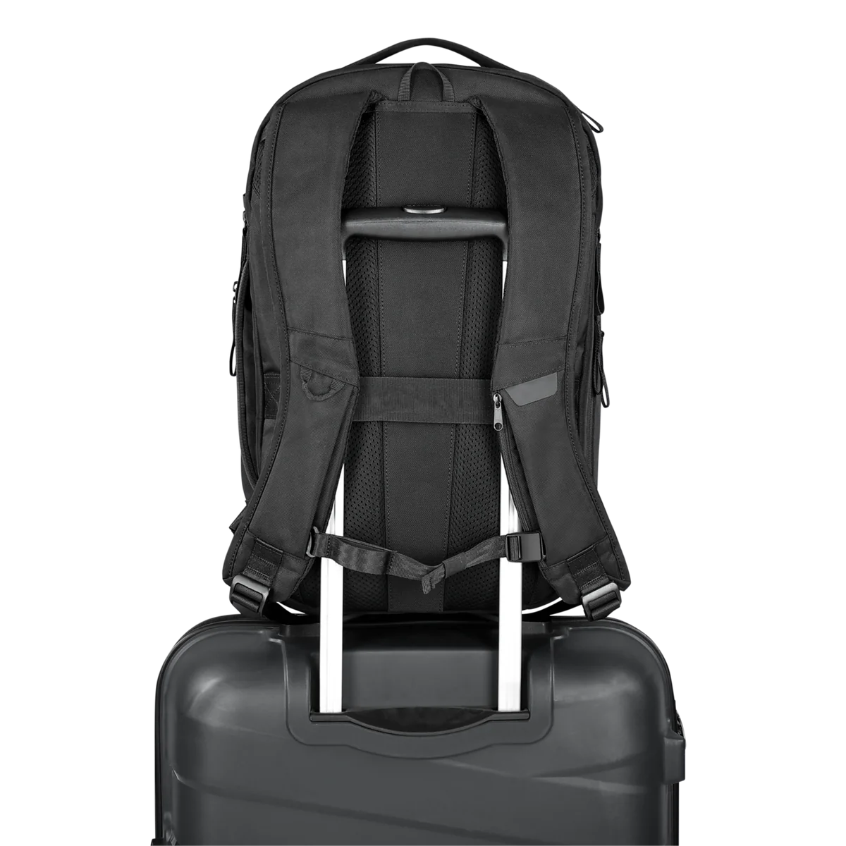 Daily Dash secured to a rolling suitcase using the luggage pass-through