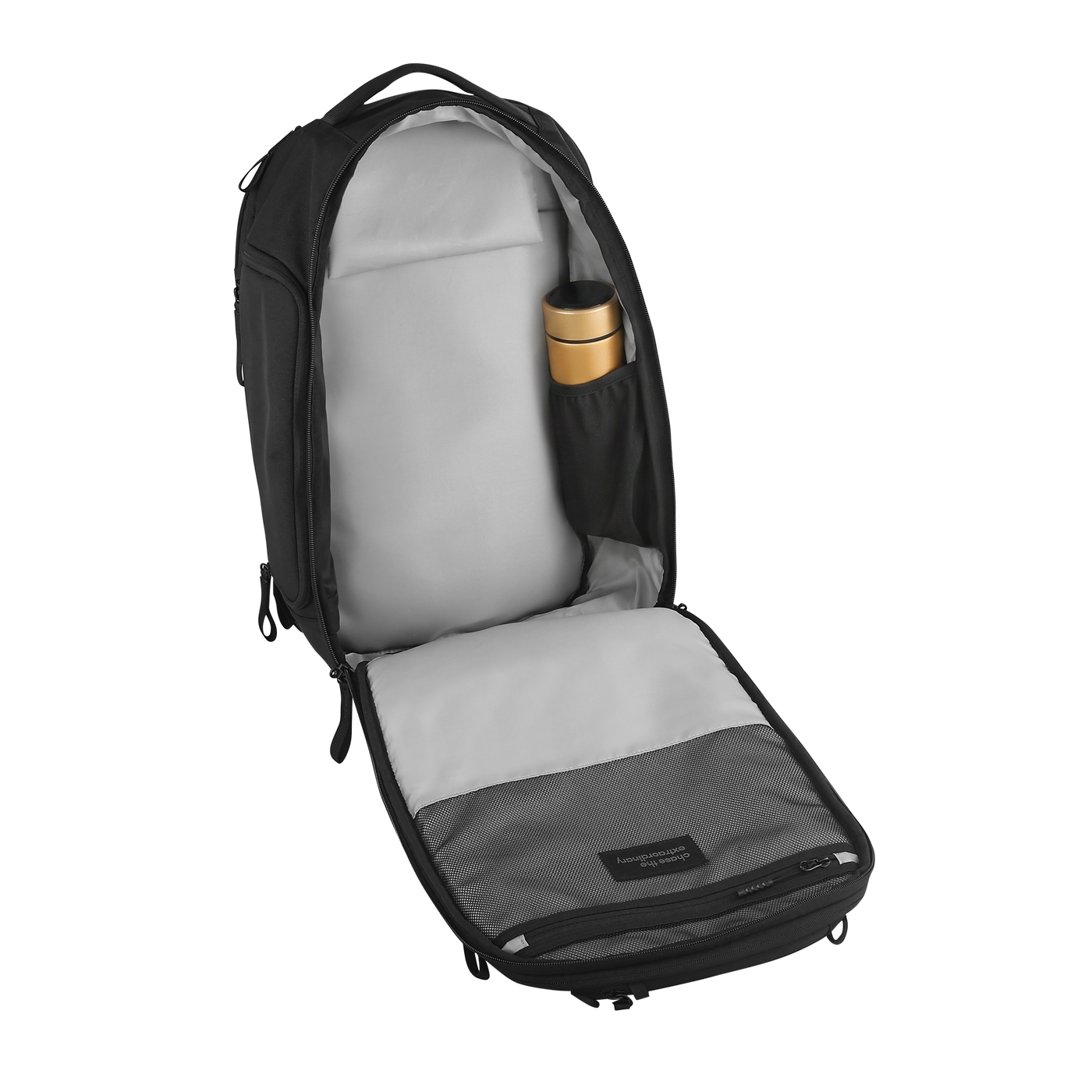 Daily Dash fully open, showing its light interior lining and internal compartments